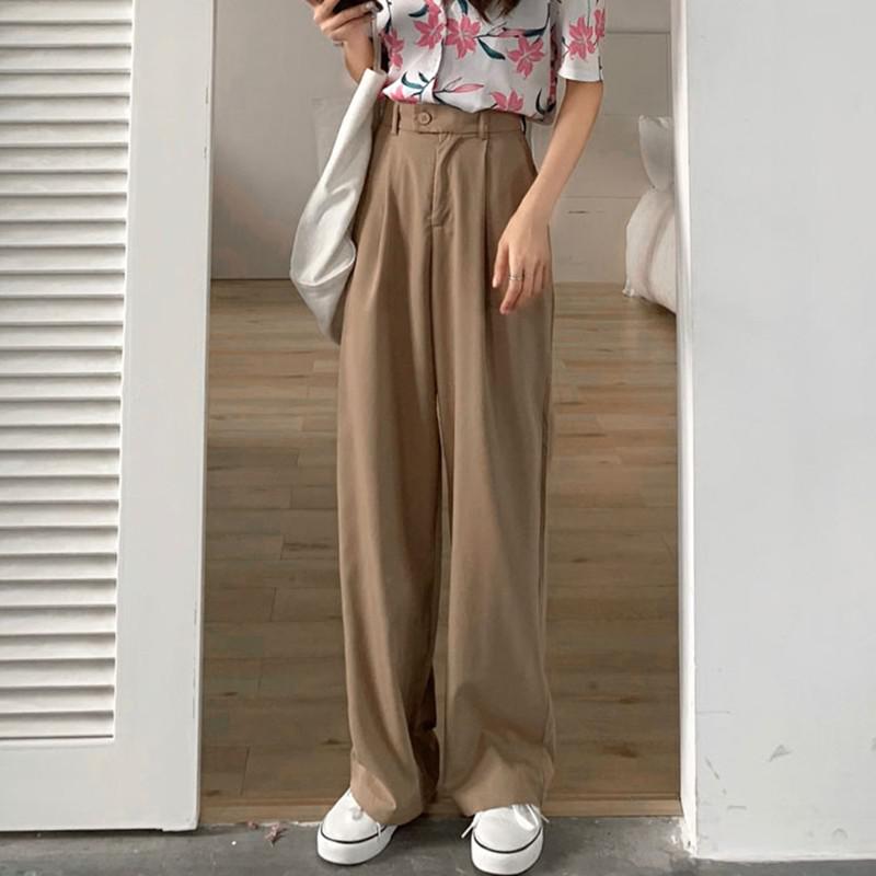 Women High Waist Casual Pants Korean Style Solid Color All-match Loose Ladies Straight Trousers