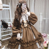 Japanese Gothic Lolita Dress Women Kawaii Bow Bear Lace Blue Dress Long Sleeve Princess Dress Halloween Costume Gift For Girls