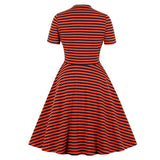 Vintage White and Black Striped Tie Neck Cut-out A Line Skater 95% Cotton Short Sleeve Autumn Casual Dress