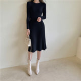 Crew Neck Long Sleeve Elegant Ribbed Knitted Dress Chic Sexy Bodycon Dress