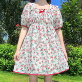 Japanese Fashion Sweet Kawaii Elegant Loose Floral Printed Lady Dress Spring Square Collar Puff Sleeve A-Line Loose Dresses