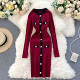 Office Lady Knitted Sexy Mini Bodycon Dress Contrast Color Trim Buttons Long Sleeve Winter Sweater Dress