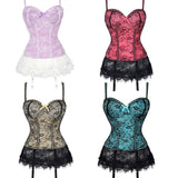 Floral Print Lace Mesh Spaghetti Straps Boned Overbust Bustier Waist Cincher Corset Bra Top Lingerie Party Dress