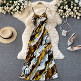 Elegant Party Midi Chic Tie Dye Print Satin Slip Dress V Neck Spaghetti Strap Sexy Dress