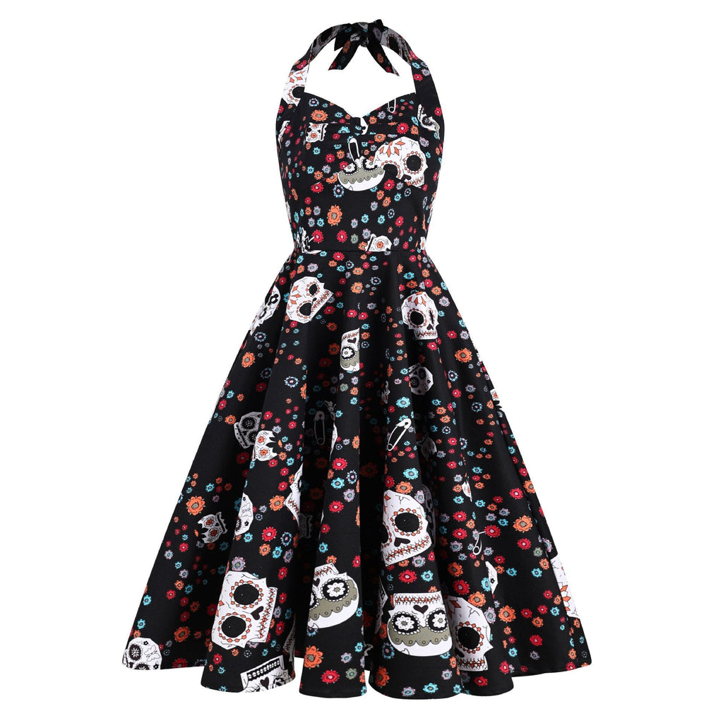 Halloween Party Vintage Pin Up Midi Dress Women Sexy Skull Floral Printed A Line Swing Sundress 50s 60s Tunic Rockabilly Dresses