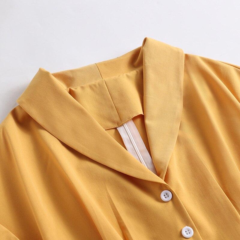 2021 Turn Down Collar Button Up Yellow Elegant Office Women Summer Dress Solid Color 1950S Vintage Style Ladies Midi Dresses