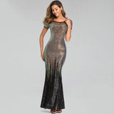 Backless Long Sequin Cocktail Dress Elegant Gold Evening Party Dress Sexy Mermaid Short Sleeve Prom Dress Beauty Robe De Soiree