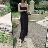 Sleeveless Summer Spaghetti Strap Sexy Shimmer Satin Elegant Party Ladies Slim Pleated Midi Dress