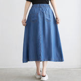 Fashion Korean Denim Women Solid Color Long Elastic High Waist Big Swing Casual Pleated Jean Skirt