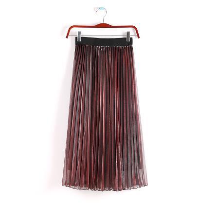 Spring Elastic High Waist Gradient Color Mesh Women A-Line Pleated Skirts
