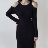 Winter Elegant Crew Neck Long Sleeve Ribbed Knitted Dress Cold Shoulder Sexy Bodycon Midi Dress