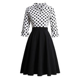 2021 White and Black Two Tone Polka Dot Elegant Vintage Midi Dress for Women Three Quarter Sleeve Winter Office Ladies Clothes