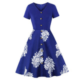 Red Single Breasted Button Front Botanical Print Flare Summer V-Neck Pocket Side Vintage Dress