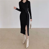 V Neck Long Sleeve Twist Ribbed Knitted Dress Fall Winter Front Slit Sexy Elegant Midi Dress