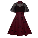 Bat Print Halloween Gothic High Waist Dress Mesh Cloak Sleeve Chiffon Cape Two Piece Midi Dress Women Vintage Goth Party Gown