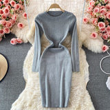 Women Crew Neck Long Sleeve Basic Casual Knitted Warm Knee Length Midi Dress Elegant Bodycon Dress