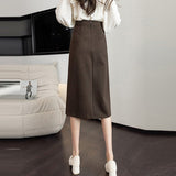Women High Waist Spring Korean Style Vintage Woolen All-match Ladies Elegant Long Pencil Skirt