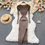 Autumn Winter Midi Dress Women O-Neck Long Sleeve Ribbed Knitted Dress Side Slit Night Club Party Sexy Bodycon Dress