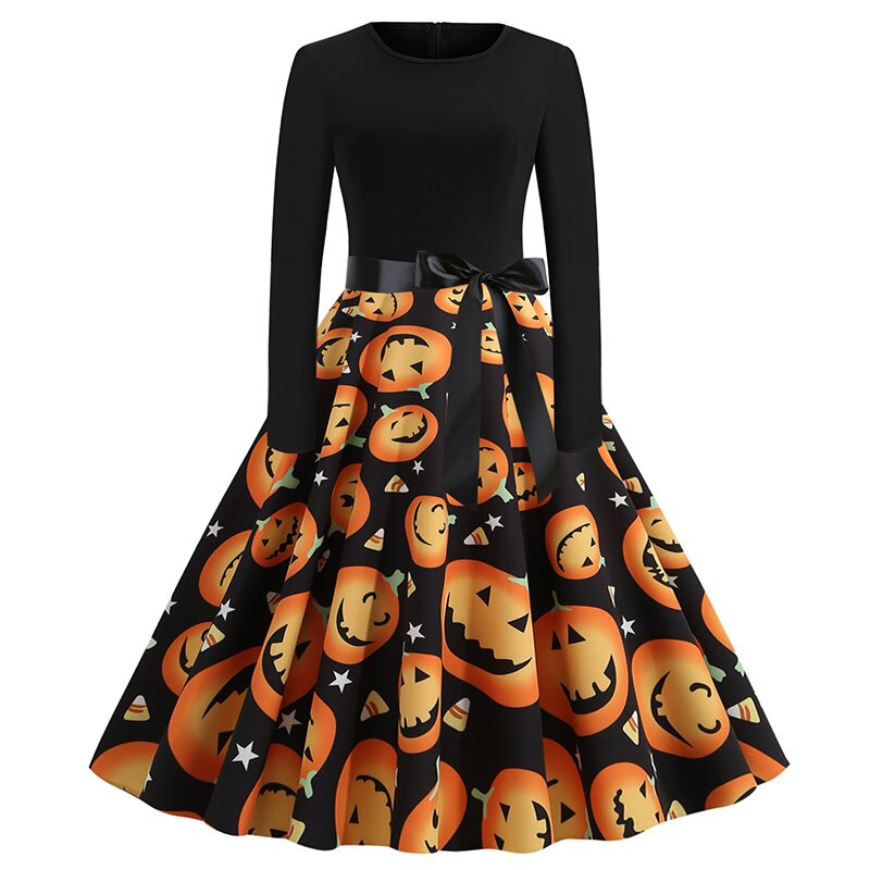 Women Pumpkin Print Party Dress Black Streetwear Gothic Long Sleeve O Neck Vintage Casual Robe Femme Halloween Sundress