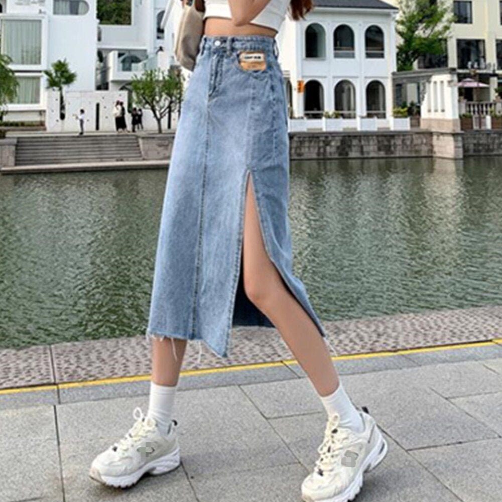 Summer High Waist Slit A-Line Denim Women Elegant Midi Jean Casual Maxi Long Skirts