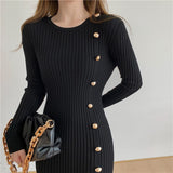 Autumn Winter Crew Neck Long Sleeve Ribbed Knitted Dress Elegant Ruffle Hem Bodycon Midi Dress