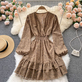 Print Casual Spring Autumn V Neck Long Sleeve Dress Elastic Waist Ruffle Hem Mini Dress