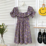 Vintage Floral Print Summer Vacation Beach Dress Ruffle Square Neck Short Puff Sleeve Casual Mini Dress