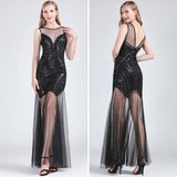 Women Vintage 1920s Great Gatsby Flapper Party Maxi Formal Dress Sexy V Back Sleeveless Beaded Sequin Mesh Dress
