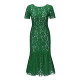 2022 Lace Mermaid Women Party Dress Plus Size Short Sleeve Slim Fit Bandage Prom Gowns Green White Black Red Formal Dresses