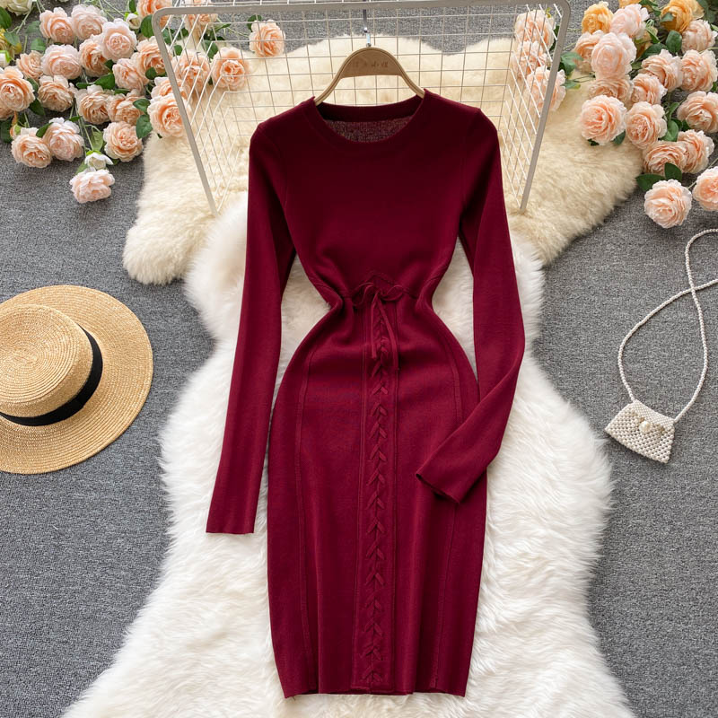 Autumn Winter Dress Women Clothing Crew Neck Long Sleeve Knitted Dress Front Lace Up Night Club Sexy Bodycon Dress