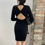 Long Sleeve High Neck Midi Knitted Dress Open Back Twist Sexy Ribbed Bodycon Dress