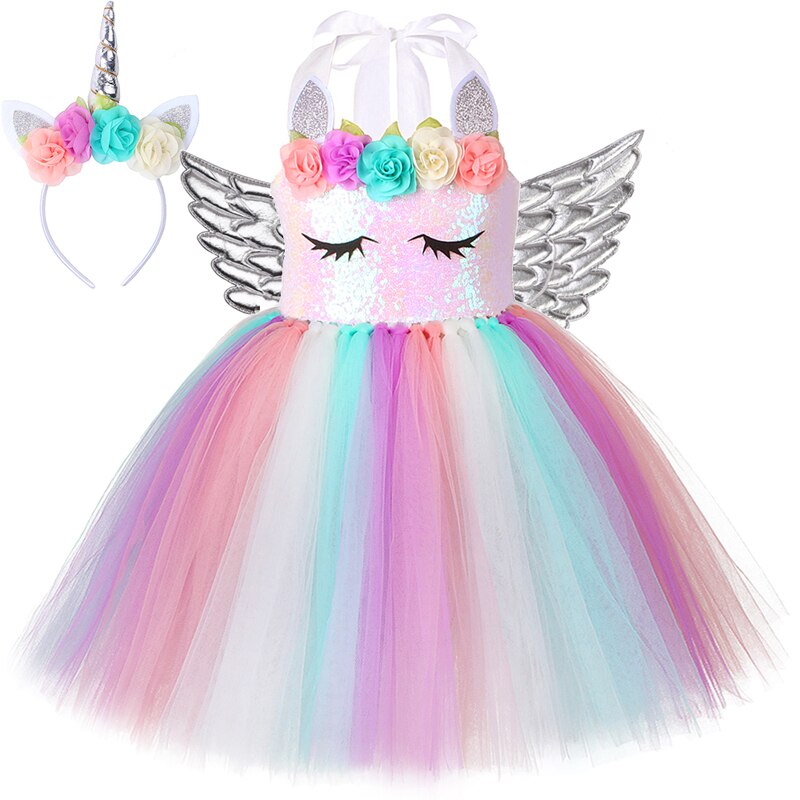 Flower Girl Unicorn Dress Pastel Sequins Princess Dresses for Kids Unicorns Halloween Costume Baby Girls Tutus Outfit with Wings