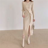 V Neck Long Sleeve Twist Ribbed Knitted Dress Fall Winter Front Slit Sexy Elegant Midi Dress