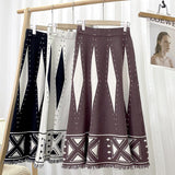 Elegant A Line Women Fringed Hem Contrast Geometric Knitted Skirts Elastic High Waist Midi Long Skirt