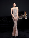 Halter Neck Evening Dress Sleeveless Mermaid Women Sequins Full Party Gowns Slim Prom Dress