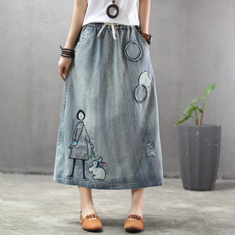 Denim Women A-line High Waist Jeans Midi Skirt Casual Loose Korean Trendy Streetwear