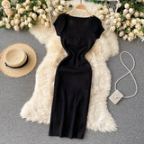 Spring Summer Short Cap Sleeve Knitted Sexy Bodycon Dress Back Slit Square Neck Casual Vintage Elegant Midi Dress