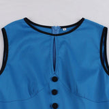 Cut Out Button Front High Waist Rockabilly Vintage Style Blue Sleeveless Robe Cotton Slim Dress