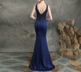 Navy Blue V-neck Appliques Beaded Long Evening Dress See through Elegant Evening Party Dress