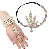 1920s Flapper Pearl Headband Bracelet Ring Inspired Leaf Simulated Jewelry Set