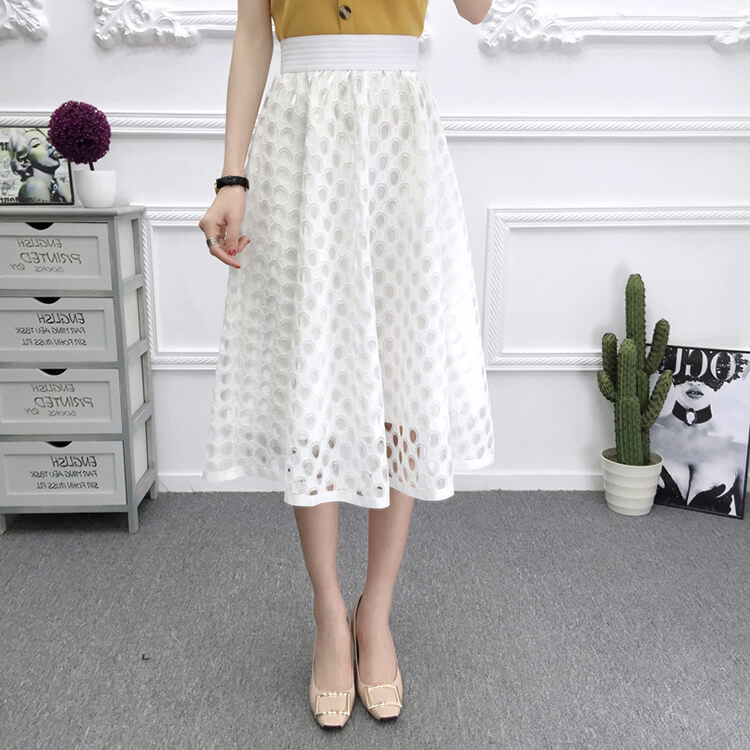 Woman Elegant Midi Skirt Office Lady Zipper A Line Hollow Out Lace Elastic High Waist Skirts