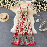 Elegant Spaghetti Strap Sexy Evening Party Dress Floral Embroidery Tulle Mesh Summer Midi Dress