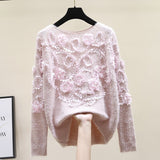 Autumn Long Sleeve O-Neck Beaded Floral Casual Loose Mohair Knit Sweater Pullover