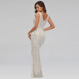 Light Champagne Sexy V-neck Tassel Sequins Dress Women Sleeveless Long Evening Party Dress