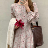Long Sleeve Women Dresses Vintage Floral Lace-up Plus Velvet Dress Casual Loose Elegant Clothing For Girls