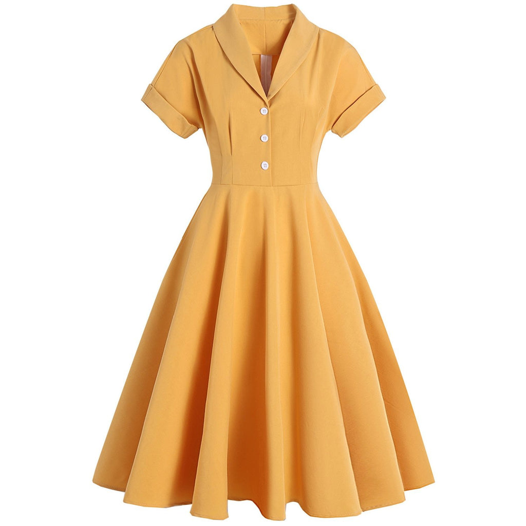 2021 Short Sleeve Summer Women Casual Dress Turn Down Collar Solid Color Yellow Big Swing Rockabilly Vintage Party Dresses 50s