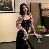 2023 Autumn Vintage Floral Dress Women Casual Korea Fashion Backless Elegant Dress Lady Long Sleeve Evening Party Dress Bandage