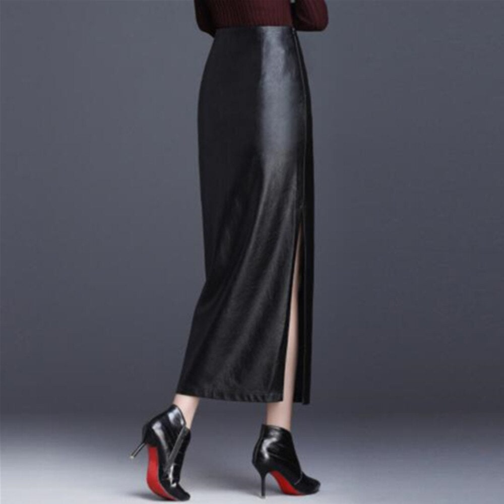Womens PU Leather Black Solid High Waist Bodycon Long Office Ankle-Length Pencil Skirt