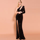 Sequins Dinner Party Evening Dress Long Dress For Lady One-shoulder Sexy High Split Formal Gowns Black Flounces Robe De Soriee
