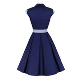 2021 Peter-Pan Collar Bow Elegant Women 50s Pin Up Vintage Pleated Dress Navy Blue Solid Sleeveless Summer Belted Cotton Dresses